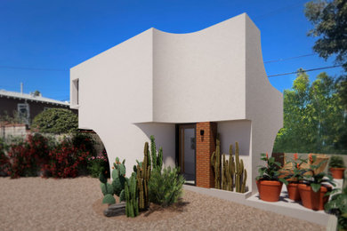 Diseño de fachada blanca actual de tamaño medio de dos plantas con revestimiento de estuco, tejado plano y microcasa