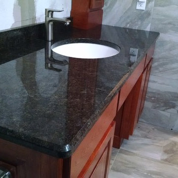 Antigo Bath Remodel - India Copper Brown Granite & Gray Porcelain Tile