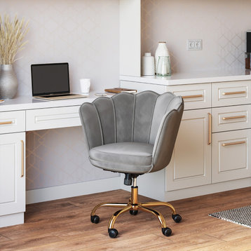 Kaylee Office Chair Upholstered Velvet Seashell Swivel Desk Chair, Gray-Gold