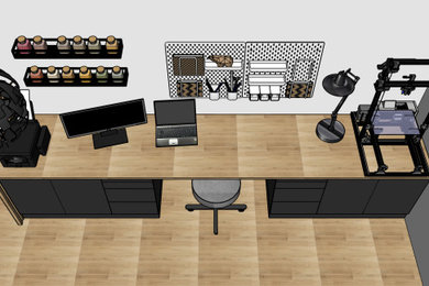 Aménagement d'un bureau atelier contemporain de taille moyenne avec un mur blanc, parquet clair, un bureau intégré et un sol beige.