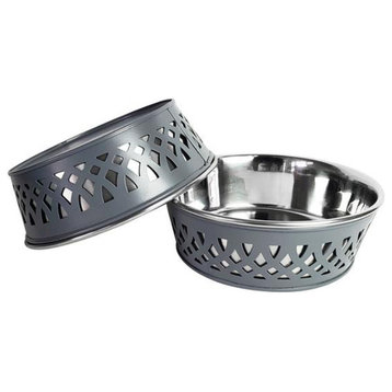 Set of 2 Grey Farmhouse Metal Punch-out Stainless Steel Bowl for Dogs, 30oz