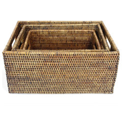 Narrow Rectangular Wicker Storage Basket - Antique Walnut Brown - Small / No Liner