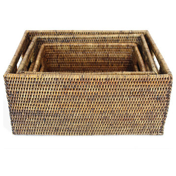 Rattan Rectangular Baskets With Handles, 3-Piece Set