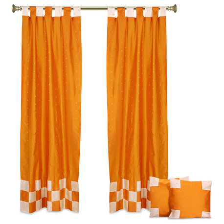 4 Pc Set Indian Sari Curtains & Cushion Covers - Boho Tab Top  - Pumpkin 84"