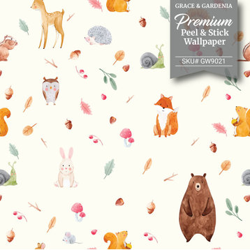 GW9021 Painted Forest Animals Peel & Stick Wallpaper Roll 20.5in W x 18ft L