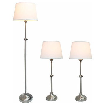 Brushed Nickel Adjustable 3-Pack Lamp Set, 2 Table Lamps, 1 Floor Lamp