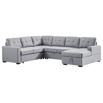 Selene Light Gray Linen Fabric Sleeper Sectional Sofa With Storage Chaise