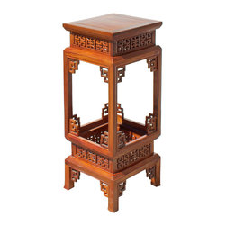 Chinese Yellow Rosewood Square Carving Plant Stand Pedestal Table - Plant Stands And Telephone Tables