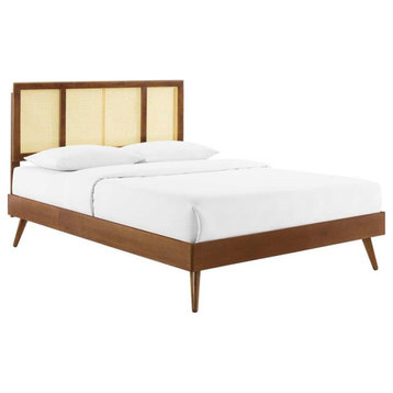 Modway Kelsea Cane Rattan and Wood Full Platform Bed with Splayed Legs in Walnut