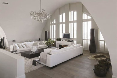 Example of a large trendy open concept dark wood floor family room design in New York with white walls, a ribbon fireplace, a tv stand and a concrete fireplace