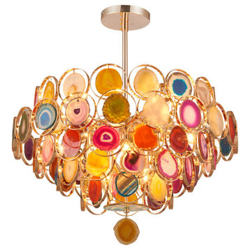 Gold round Colorful agate stone Bohemian style chandelier for living room, Dia20.5"