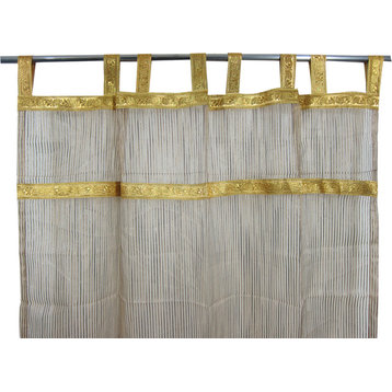 Indie Style Decor- 2 Ivory Brown Gold Indian Sari Curtains Organza Drapes Panels