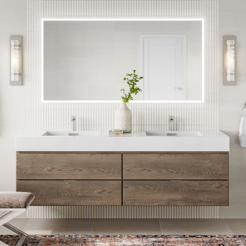 Bliss Bath Vanity, Butternut, 72", Double Sink, Wall Mount