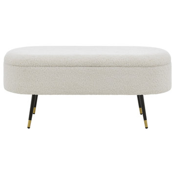 Phoebe Faux Shearling Fabric Storage Bench W/ Gold Tip Metal Legs