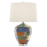 Currey & Company - Rainbow Table Lamp - With a surface that only an artisan could create, our Rainbow Table Lamp is made of porcelain onto which swaths of blue, green, sand, and rust hues have been applied. Sitting atop a clear optic crystal base, the multi-colored lamp is fitted with an ivory shantung shade.