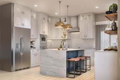 Example of a mid-sized trendy l-shaped vinyl floor and beige floor eat-in kitchen design in Charlotte with an undermount sink, white cabinets, quartzite countertops, white backsplash, ceramic backsplash, stainless steel appliances, an island and white countertops