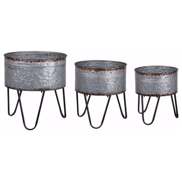 Benzara BM154147 Preferable Set of 3 Acoma Galvanized Metal Tubs