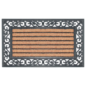 A1HC Striped Rubber and Coir Outdoor Entrance Doormat 18"x30", Black