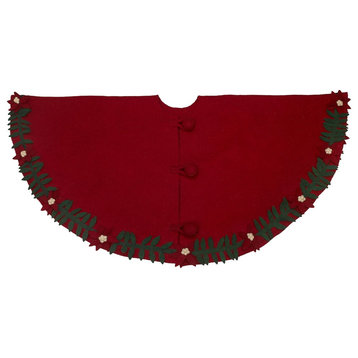 Handmade Christmas Tree Skirt in Felt, Poinsettia Border on Red, 60"