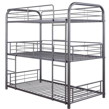 Triple Twin Bunk Bed, Metal Frame With Safety Guard Rails & 2 Ladders, Gunmetal
