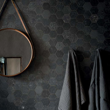 Modern bathroom with black porcelain mosaic tile backsplash