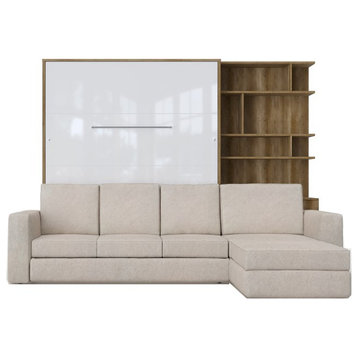 INVENTO Vertical Wall Bed with Sofa and Bookcase, Bed - Oak Country/White; Sofa - Beige