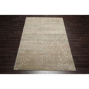 6'x9' Hand Knotted Wool and Silk Tibetan Oriental Area Rug, Aqua Color