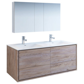 Fresca Catania 60" Natural Wood Wall Hung Double Sink Vanity, Medicine Cabinet