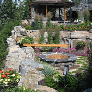 Bohemian garden in Calgary with a fire feature.