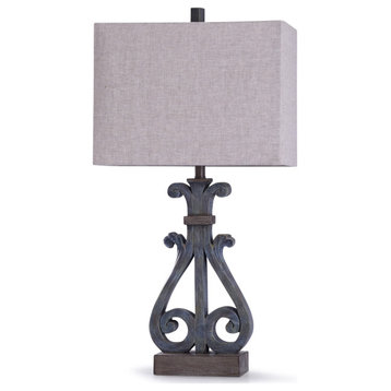 Brampton Open Scroll Design Table Lamp With Rectangle Shade, Distressed Blue