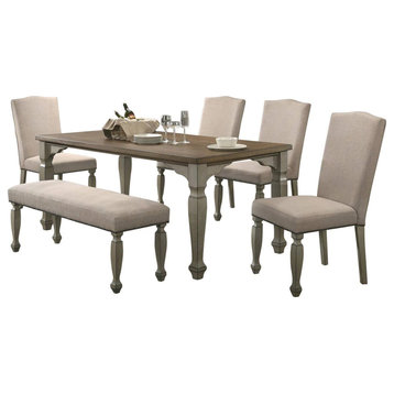 6 Pieces Dining Set, Large Table & Beige Fabric Chairs/Bench With Carved Legs