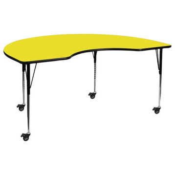 Mobile 48''W x 72''L Kidney Yellow HP Laminate Activity Table - Adjustable Legs