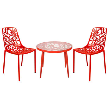 LeisureMod Devon Outdoor Dining Set with Glass Table and 2 Chairs, Red