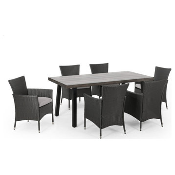 Yisroel Outdoor 7 Piece Aluminum Dining Set, Wicker Chairs, Grays, Matte Black