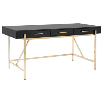 Modern Large Desk, Elegant Metal Frame With 3 Drawers, High Gloss Black/Gold