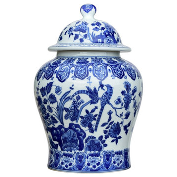 Blue and White Porcelain Chinoiserie Bird Temple Jar 13"