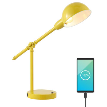 Curtis 20.25" Iron Adjustable Dome Shade LED Task Lamp With USB Charging Port, Yellow