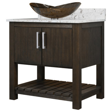 30" Vanity, Café Mocha Quartz Top, Sink, Drain, Mounting Ring, and P-Trap, Chrome, Without Mirror
