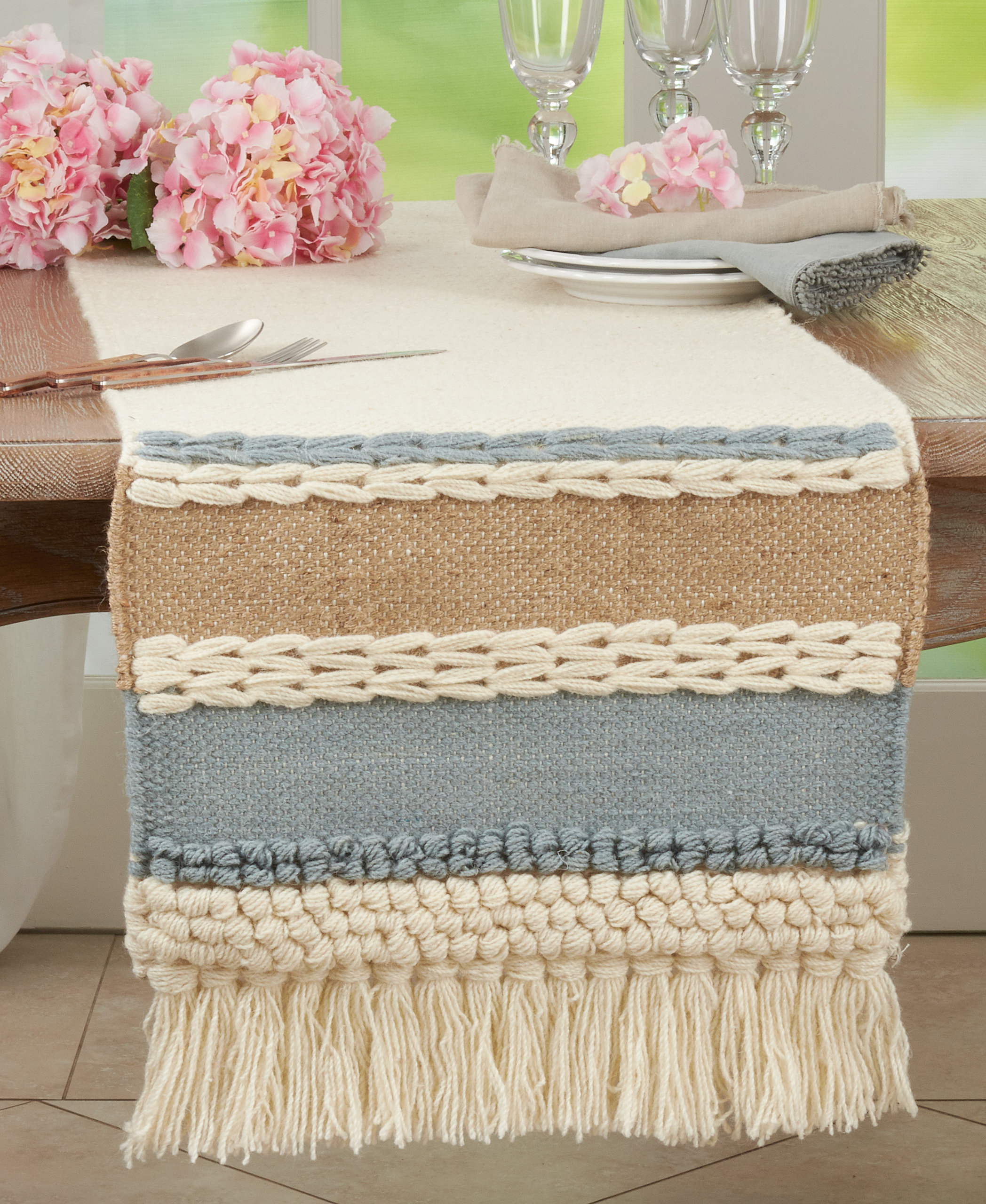 Textured Table Runner With Boho Design, Blue, 16