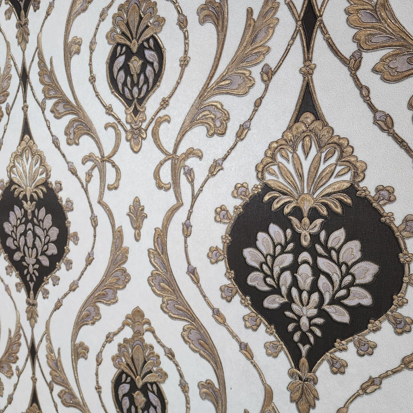 Vinyl Victorian white purple gray gold metallic ogee damask textured ...