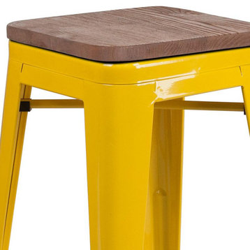 24" Backless Metal Counter Height Stool With Square Wood Seat, Yellow