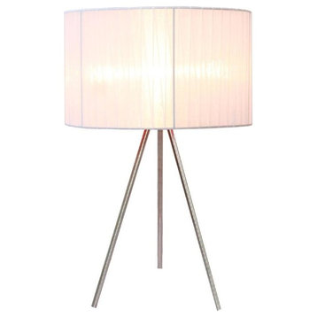 Simple Designs Brushed Nickel Tripod Table Lamp, Pleated Silk Sheer White Shade