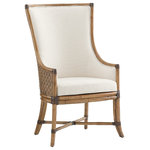 Tommy Bahama Home - Balfour Host Chair - The 45-inch high host chair offers a great option for dressing up a dining room presentation. The design features a leather-wrapped rattan frame with woven split rattan in a two over two pattern on the curved outside back. Available as shown in a contemporized herringbone pattern blending soft taupe and ivory tones with a slight texture and remarkably soft hand.