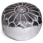 Moroccan Buzz - Moroccan Pouf Ottoman, Silver, Unstuffed - Ours is a premium version of the Moroccan pouf: heavier, more durable, crafted of premium materials and handmade charm. The Moroccan Buzz label is assurance that your pouf has been responsibly sourced from select Moroccan artisans who consistently meet our specifications for material quality, stitching quality and detail, zipper weight, and more. Each pouf is unique, with subtle variations inherent in authentic handcrafted products. Perfect as a footstool/ottoman, extra seating or decor accent in living room, family room, nusery, playroom and more. Measures approximately 20" diameter and 13.5" high. Bottom zipper. Cleaning: use mild leather cleaner when needed.