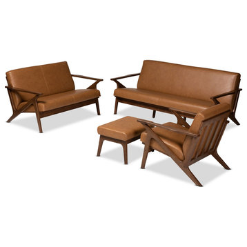 Bianca Brown Finished Wood and Tan Faux Leather Effect 4-Piece Living Room Set