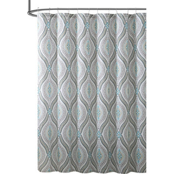 Elegant Fabric Shower Curtain, Teardrop Paisley Print, Blue, Brown