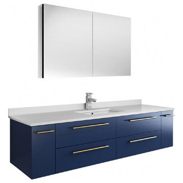 Fresca Lucera Royal Blue Wall Hung Vanity With Medicine Cabinet, 60"
