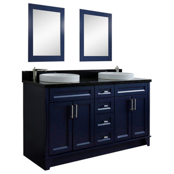 61" Double Sink Vanity, Blue Finish And Black Galaxy Granite And Round Sink