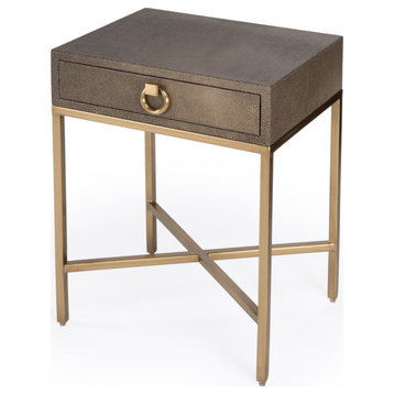 27" Gold and Brown Shagreen Faux Leather End Table With Drawer