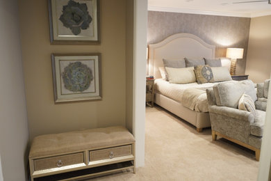 Large transitional master carpeted and beige floor bedroom photo in Philadelphia with gray walls and a tile fireplace